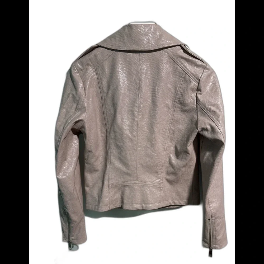 GUESS Moto Jacket Women’s Small Beige Faux Leather Snake Print Cropped Biker